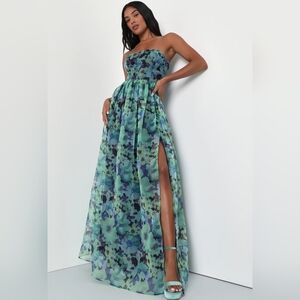 NWOT Lulu's Green Floral Print Strapless Bustier Maxi Dress Size XL=14/16